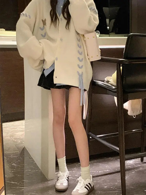 contrast color strap knitted cardigan coat long sleeve sweater BLUE ZONE PLANET