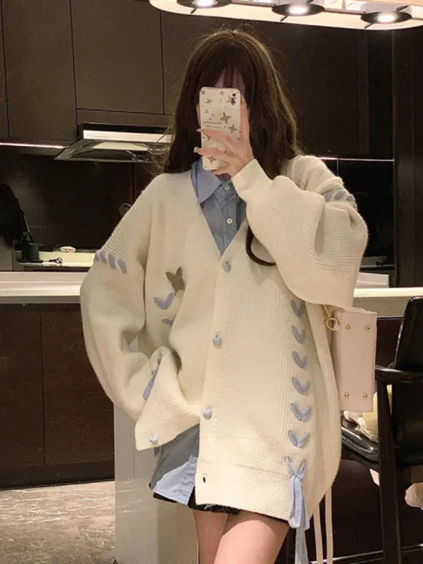 contrast color strap knitted cardigan coat long sleeve sweater BLUE ZONE PLANET