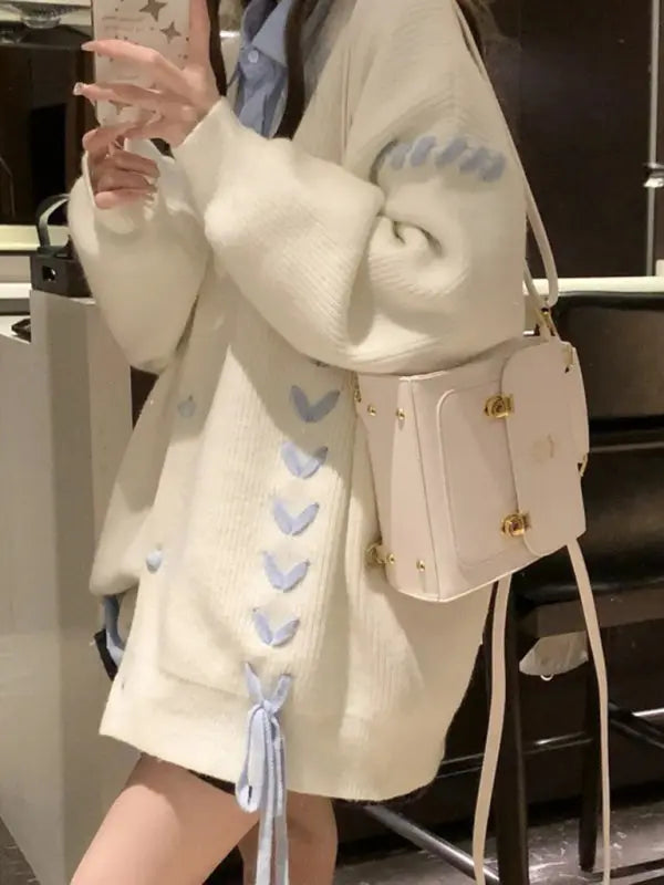 contrast color strap knitted cardigan coat long sleeve sweater BLUE ZONE PLANET