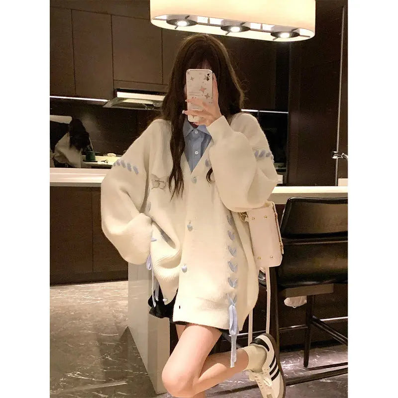 contrast color strap knitted cardigan coat long sleeve sweater BLUE ZONE PLANET
