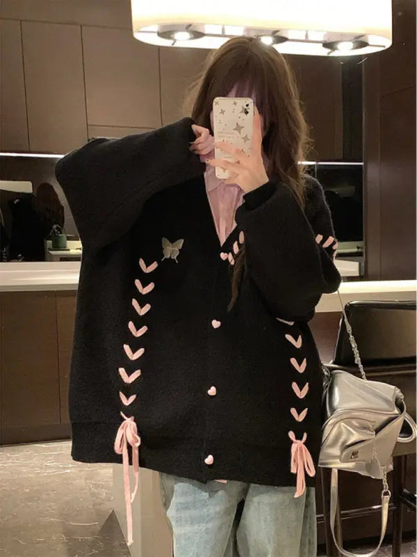 contrast color strap knitted cardigan coat long sleeve sweater BLUE ZONE PLANET