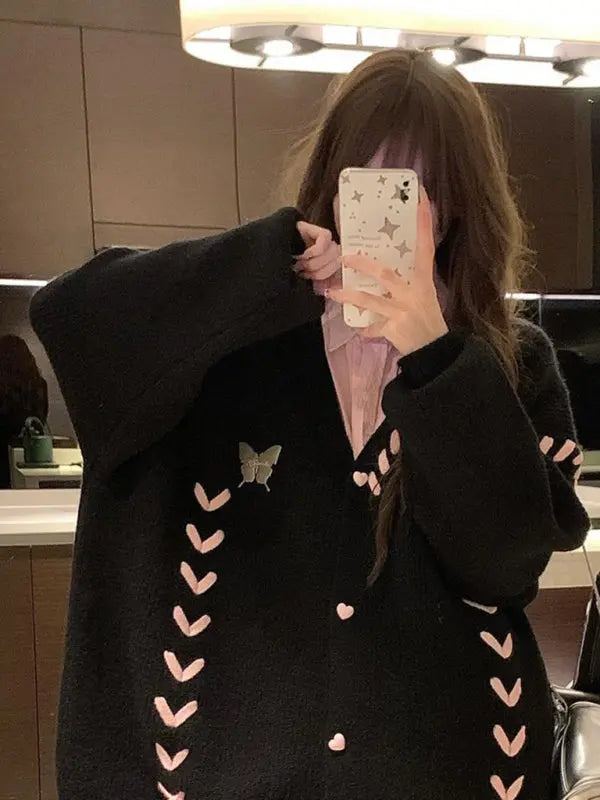 contrast color strap knitted cardigan coat long sleeve sweater BLUE ZONE PLANET