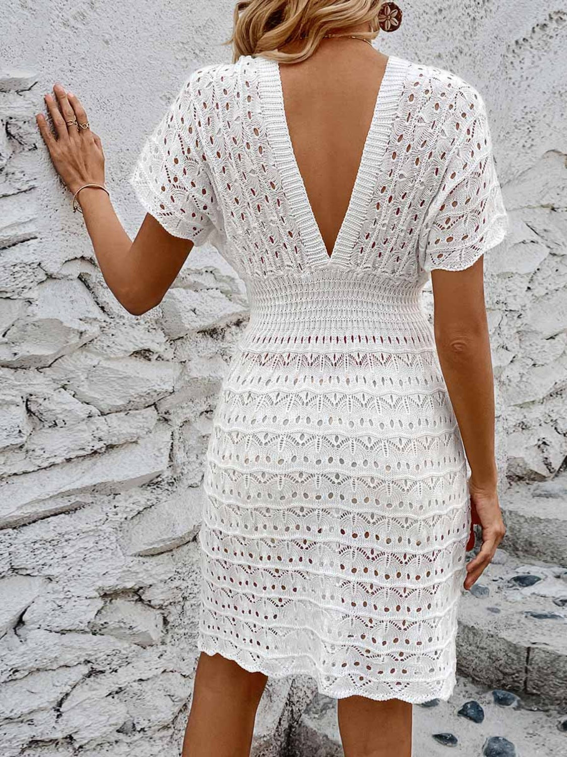 Blue Zone Planet | Openwork Plunge Short Sleeve Cover-Up Dress BLUE ZONE PLANET