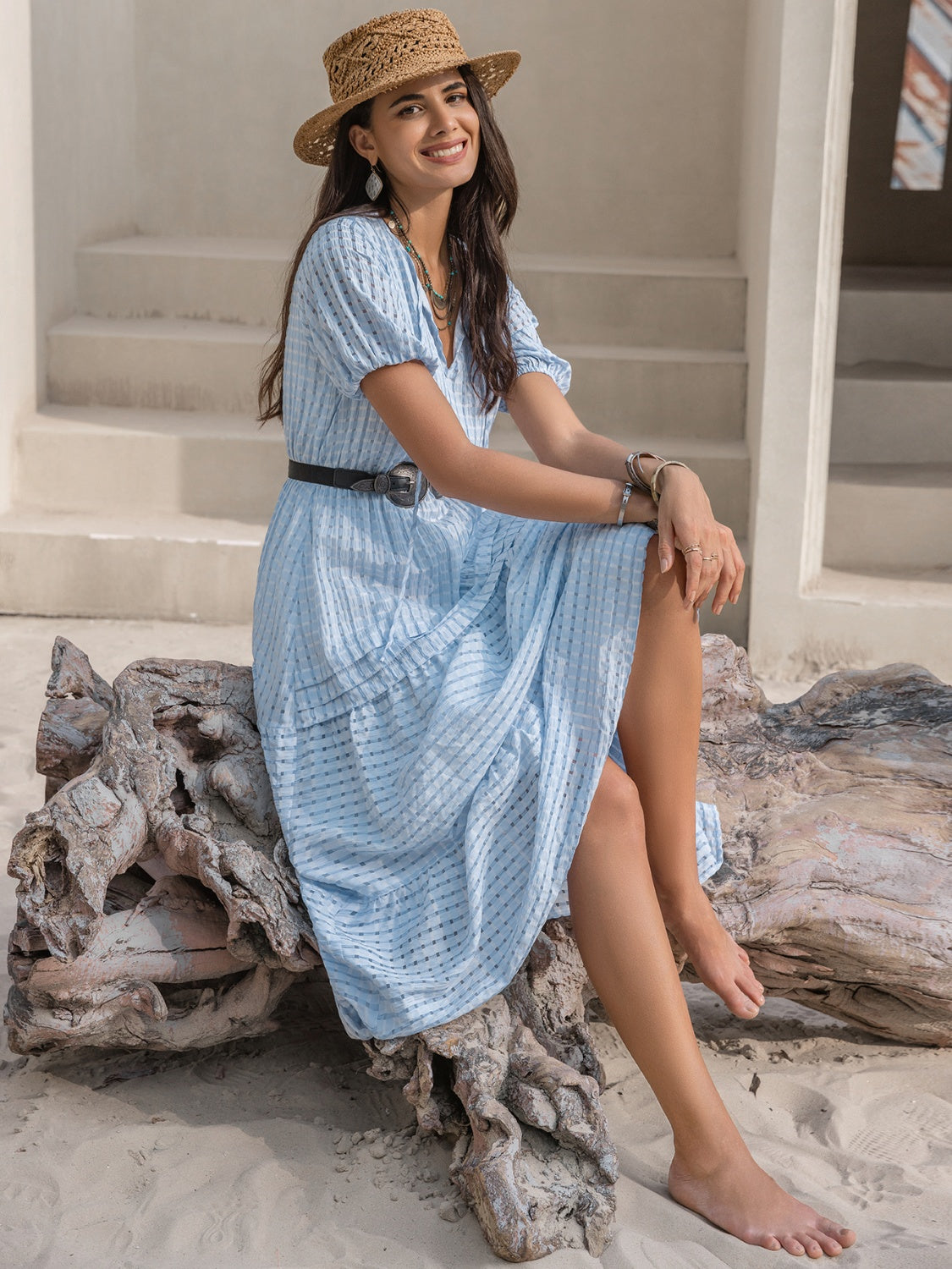 Blue Zone Planet | Tie Neck Balloon Sleeve Tiered Dress BLUE ZONE PLANET