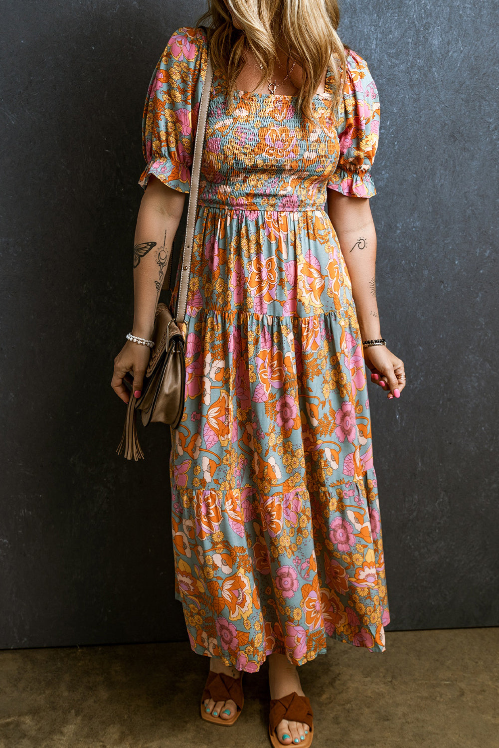 Yellow Smocked Bodice High Waist Puff Sleeve Floral Dress Blue Zone Planet
