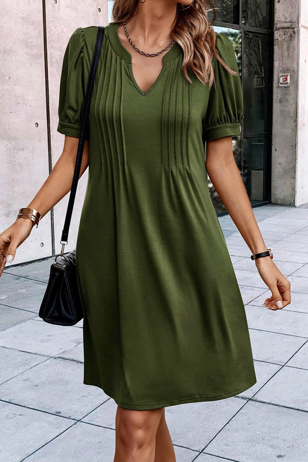 Blue Zone Planet | Black Notched Neck Pleated Puff Sleeve Shift T-shirt Dress Blue Zone Planet