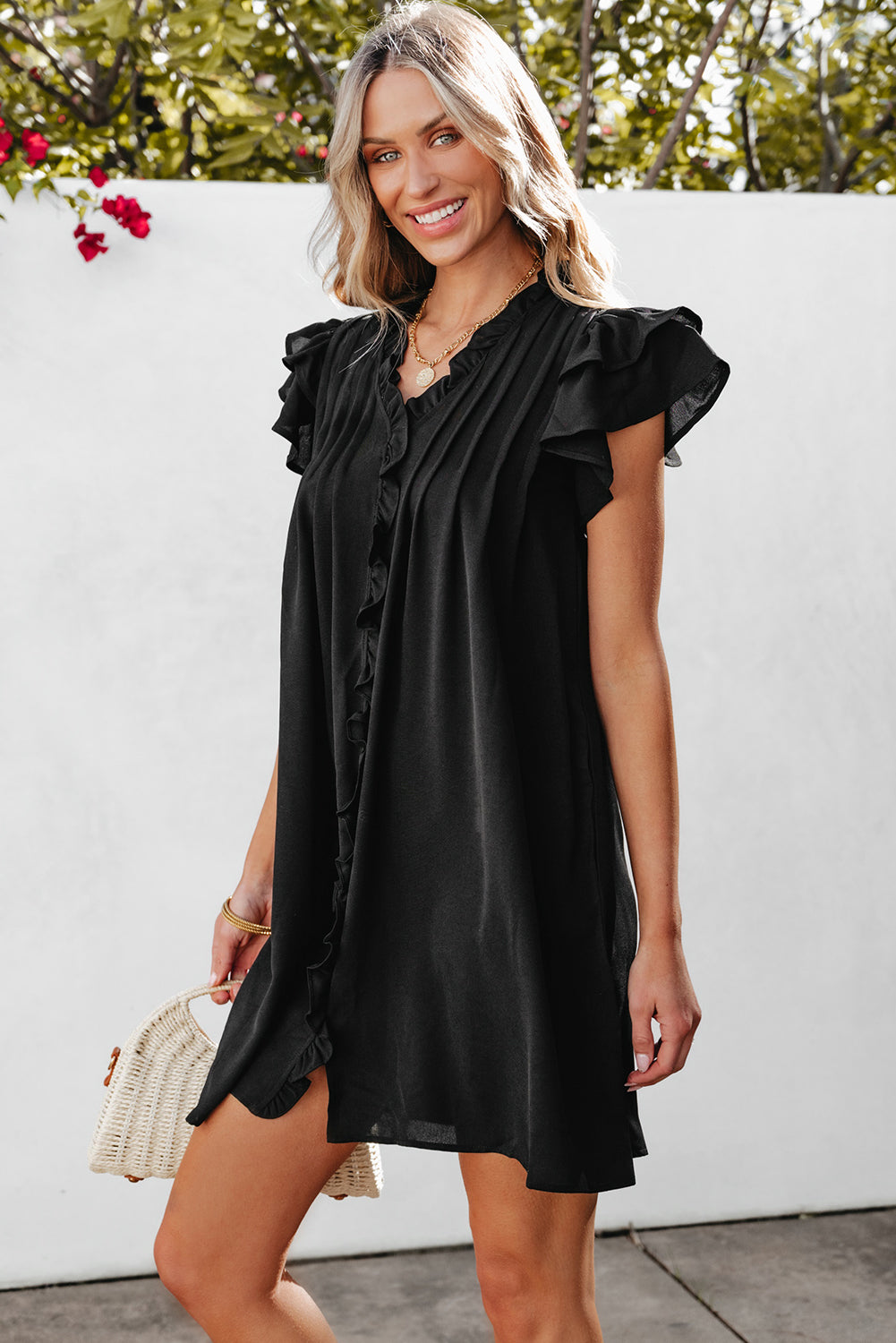 Blue Zone Planet | Black Ruffle Sleeve V Neck Frilled Shift Dress Blue Zone Planet