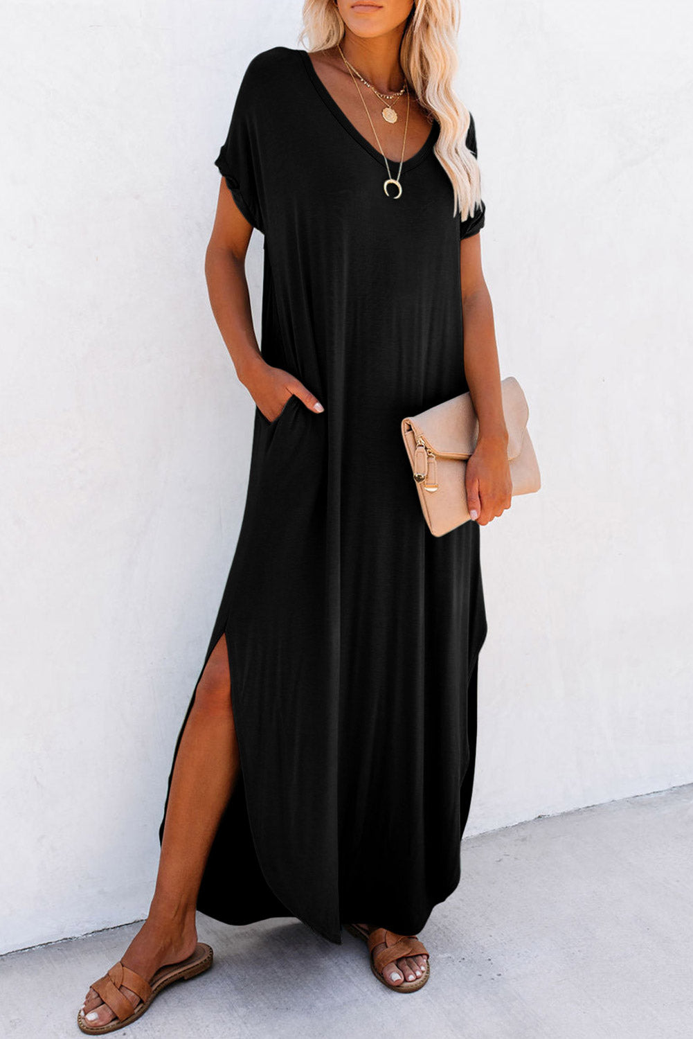Blue Zone Planet | Black V Neck Hidden Pocket Splits Maxi T-shirt Dress Blue Zone Planet