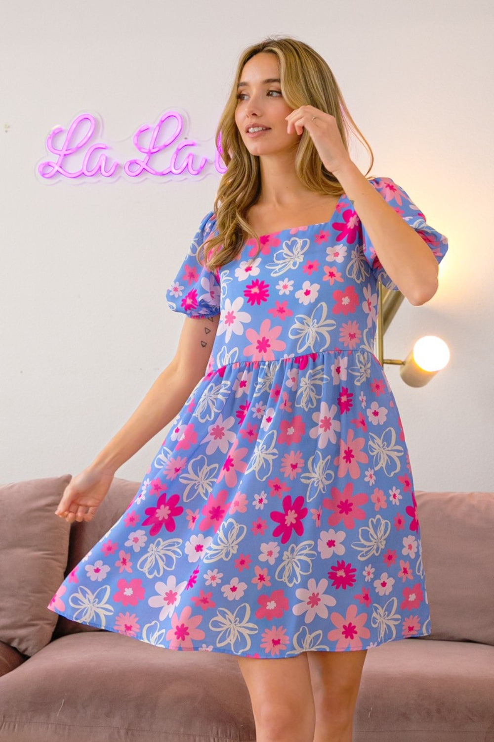 BiBi Floral Puff Sleeve Mini Dress BLUE ZONE PLANET