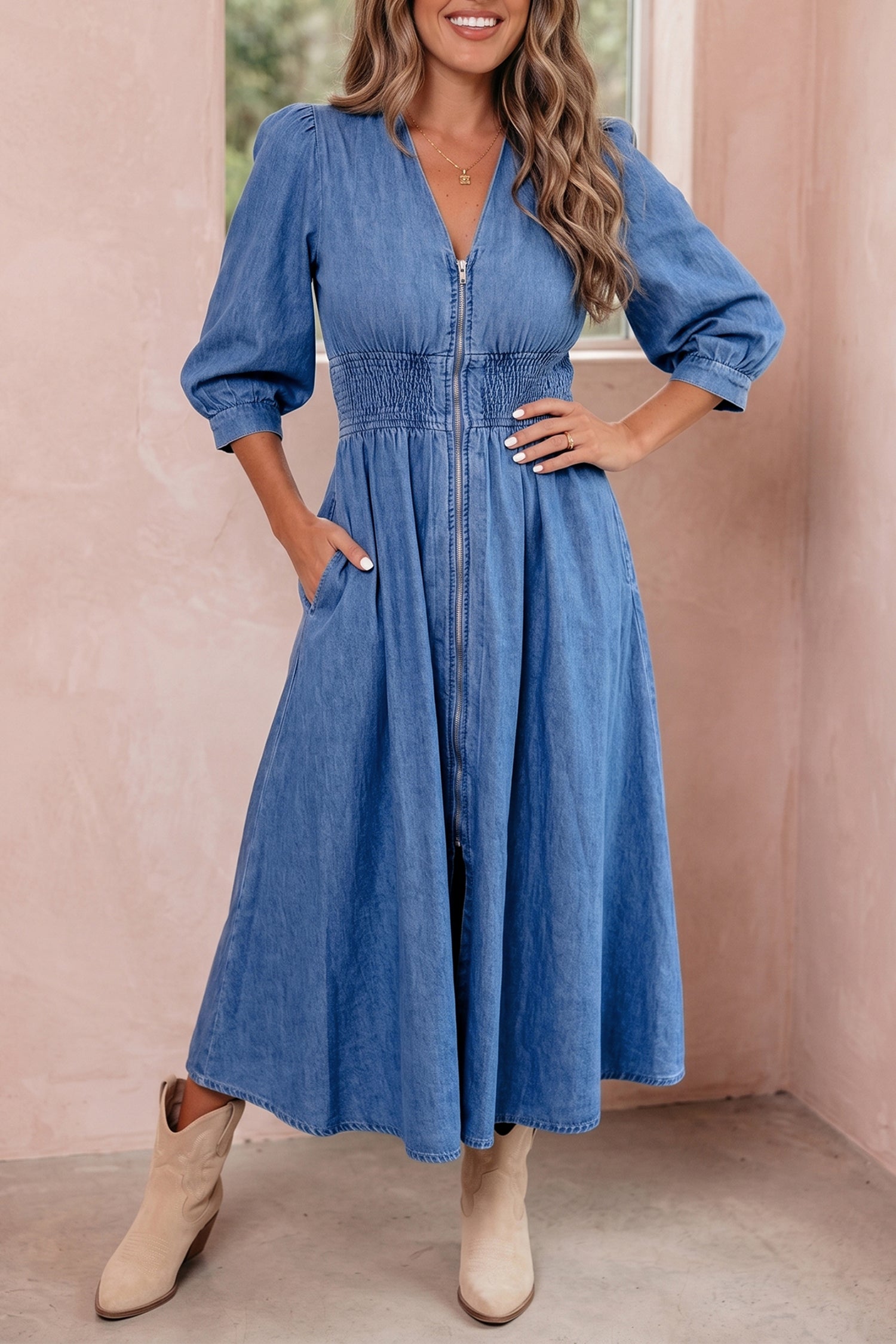 Blue V Neck Shirred Waist Metal Zipper Denim Midi Dress – Blue Zone Planet