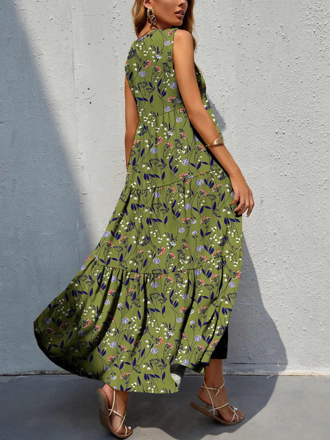 Tiered Printed V-Neck Sleeveless Dress BLUE ZONE PLANET