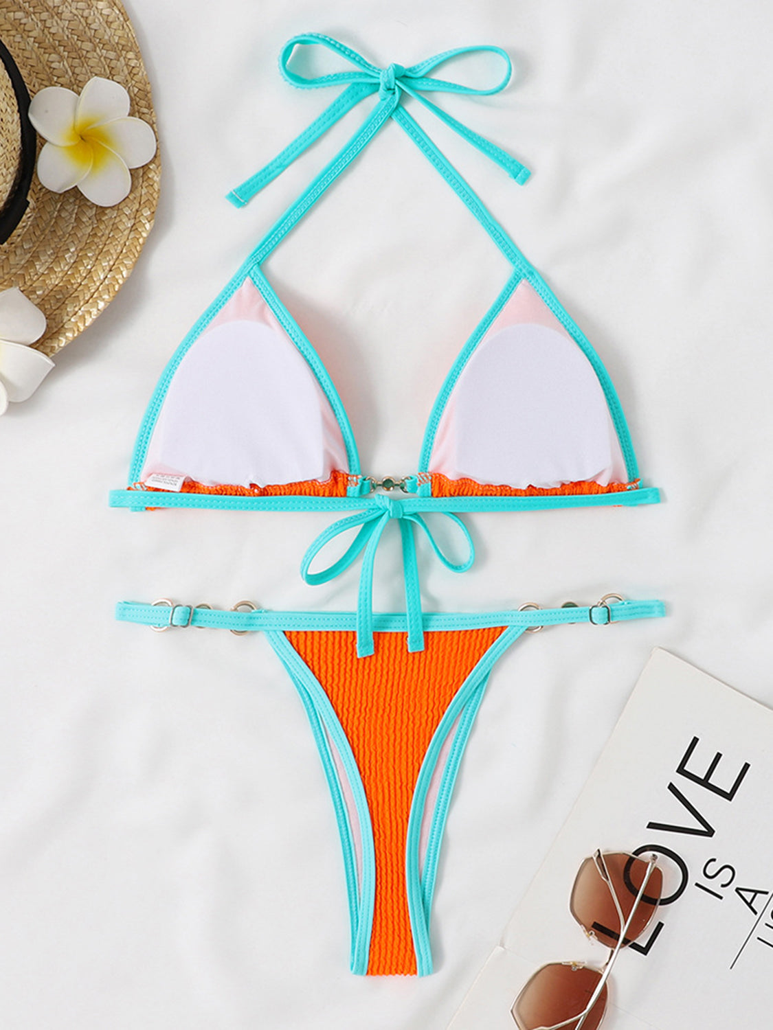 Blue Zone Planet | Stella's Textured Contrast Halter Neck Two-Piece Bikini Set BLUE ZONE PLANET