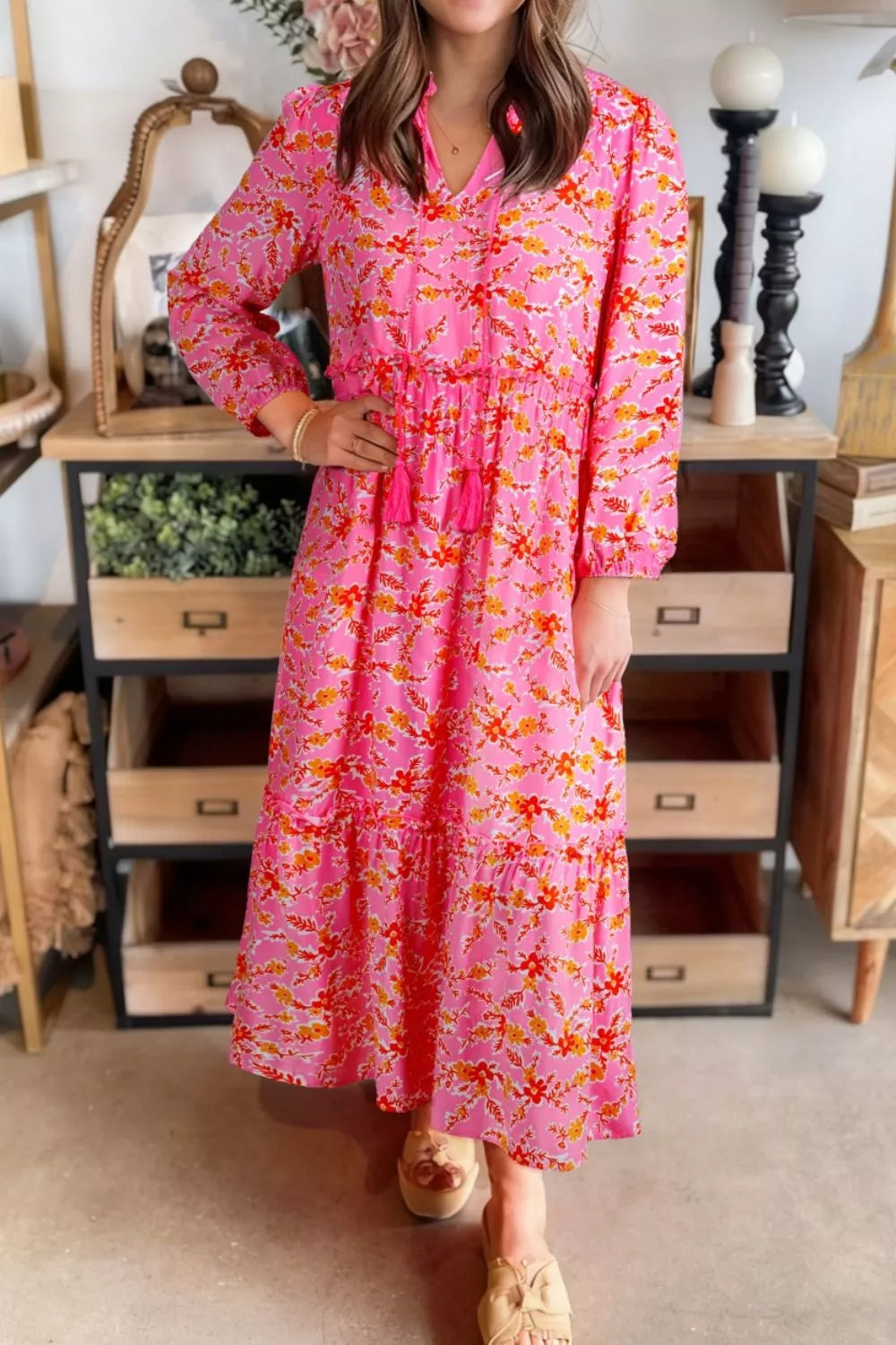 blue and pink floral midi dress Floral Print Tie Neck Midi Dress Strawberry / M