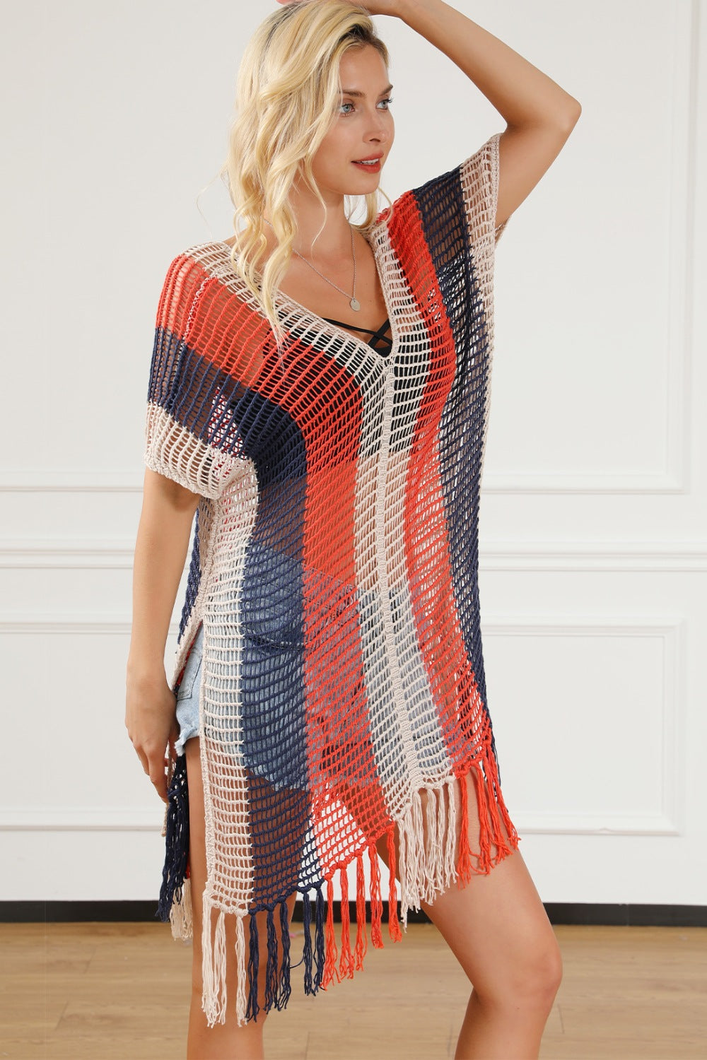 Blue Zone Planet | Tassel Color Block V-Neck Cover Up BLUE ZONE PLANET