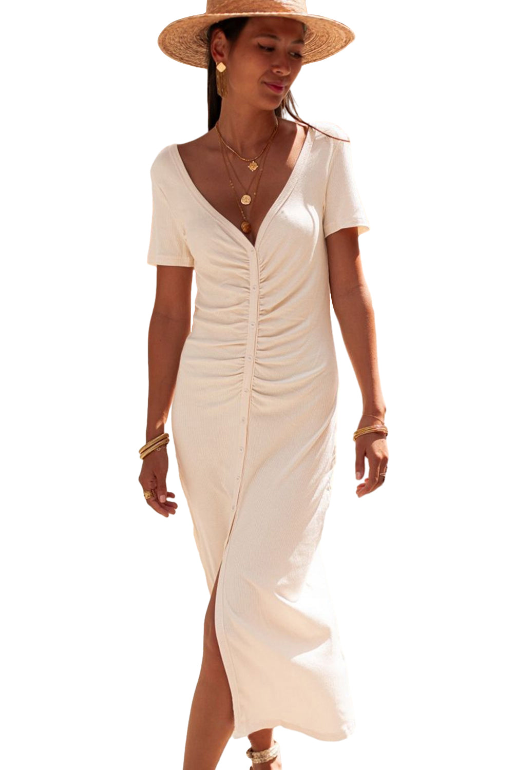 Beige V Neck Ruched Button Front French T-shirt Dress Blue Zone Planet