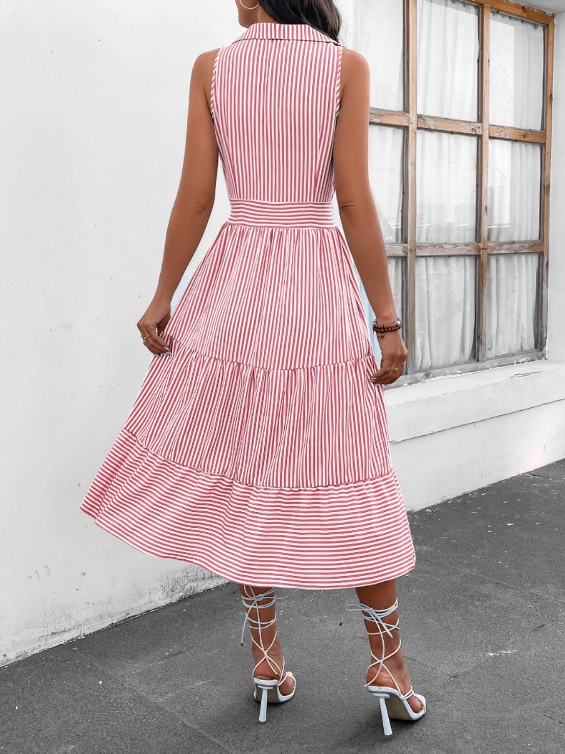 Striped Johnny Collar Sleeveless Midi Dress BLUE ZONE PLANET