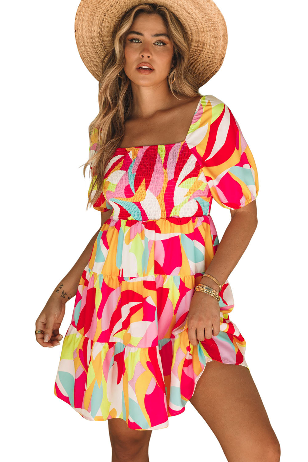 Blue Zone Planet | Multicolor Geometric Print Smocked Babydoll Mini Dress Blue Zone Planet