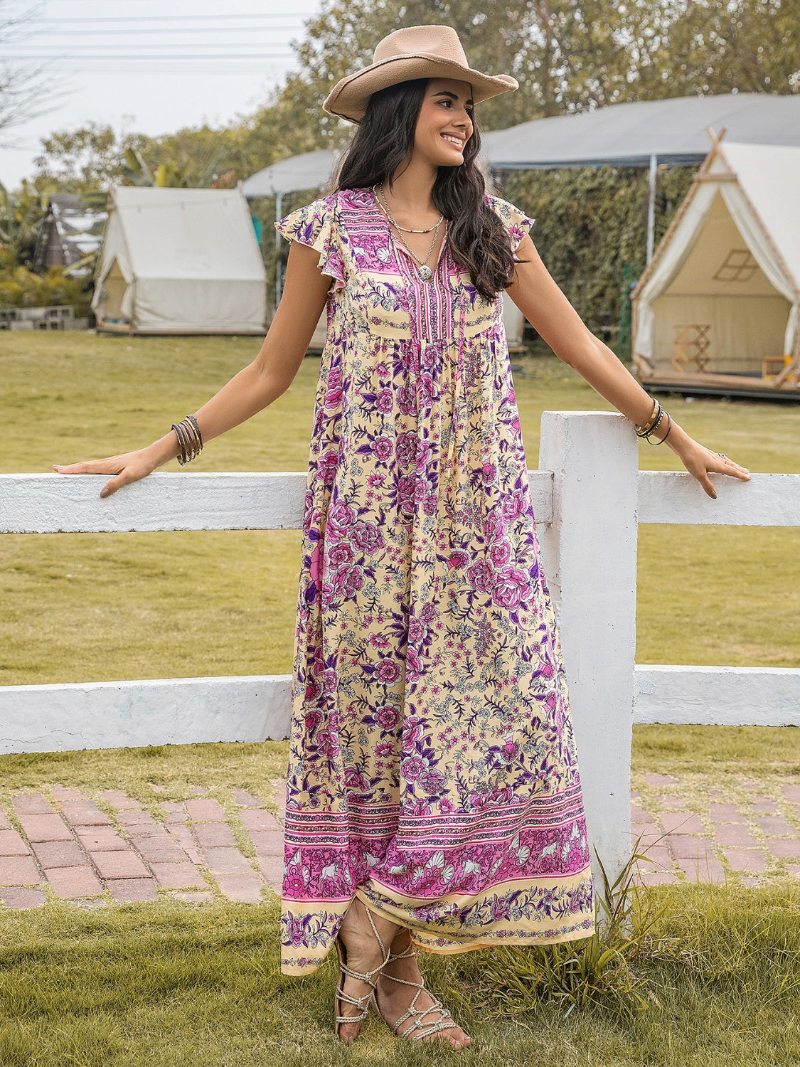 Blue Zone Planet | Ruffled Printed Tie Neck Cap Sleeve Dress BLUE ZONE PLANET