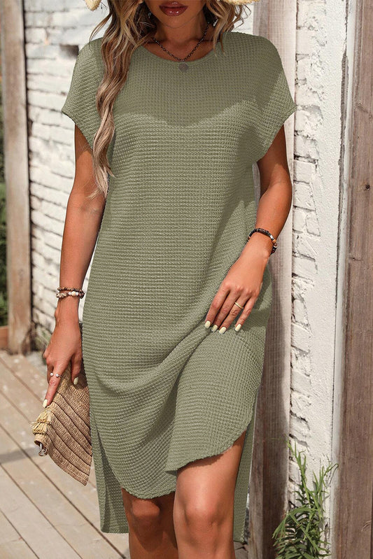 Jungle Green Waffle Texture Curved Hem Side Slit T-shirt Dress Blue Zone Planet