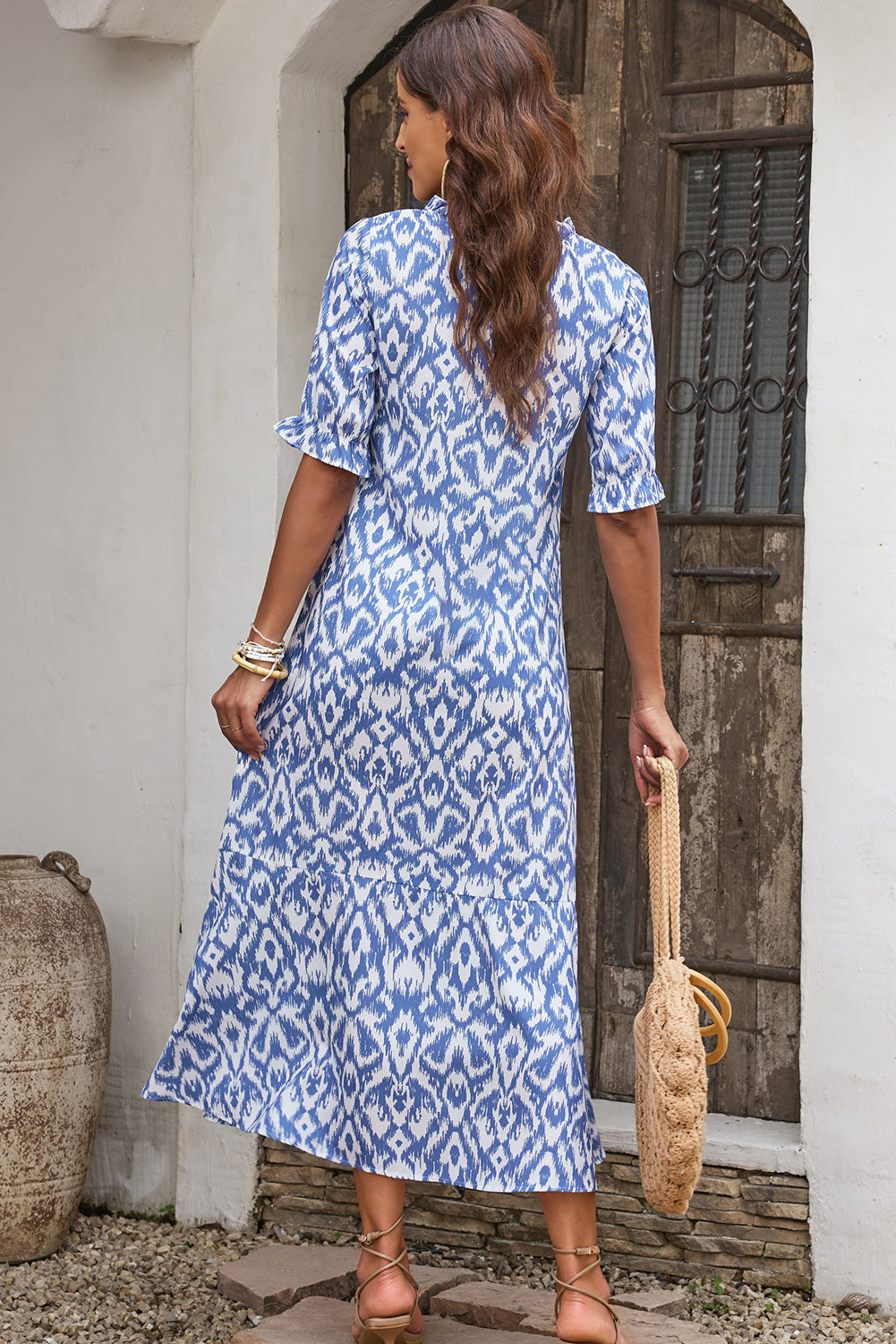 Blue Zone Planet | Sky Blue V Neck Geometric Print Maxi Dress Blue Zone Planet