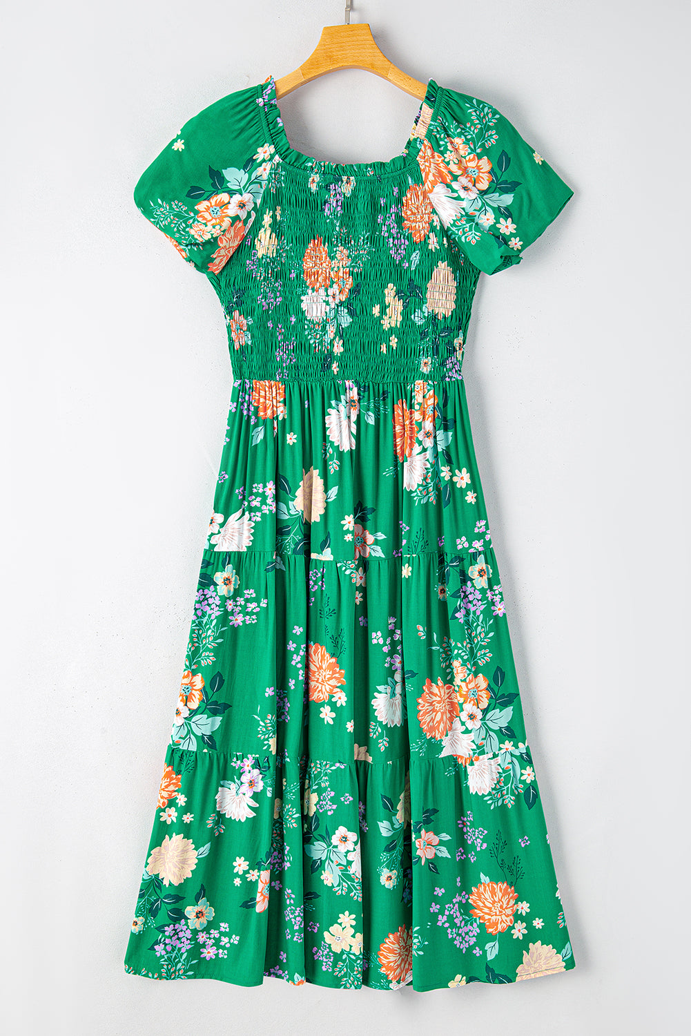 Blue Zone Planet | Green Floral Print Bubble Sleeve Smocked Tiered Midi Dress Blue Zone Planet