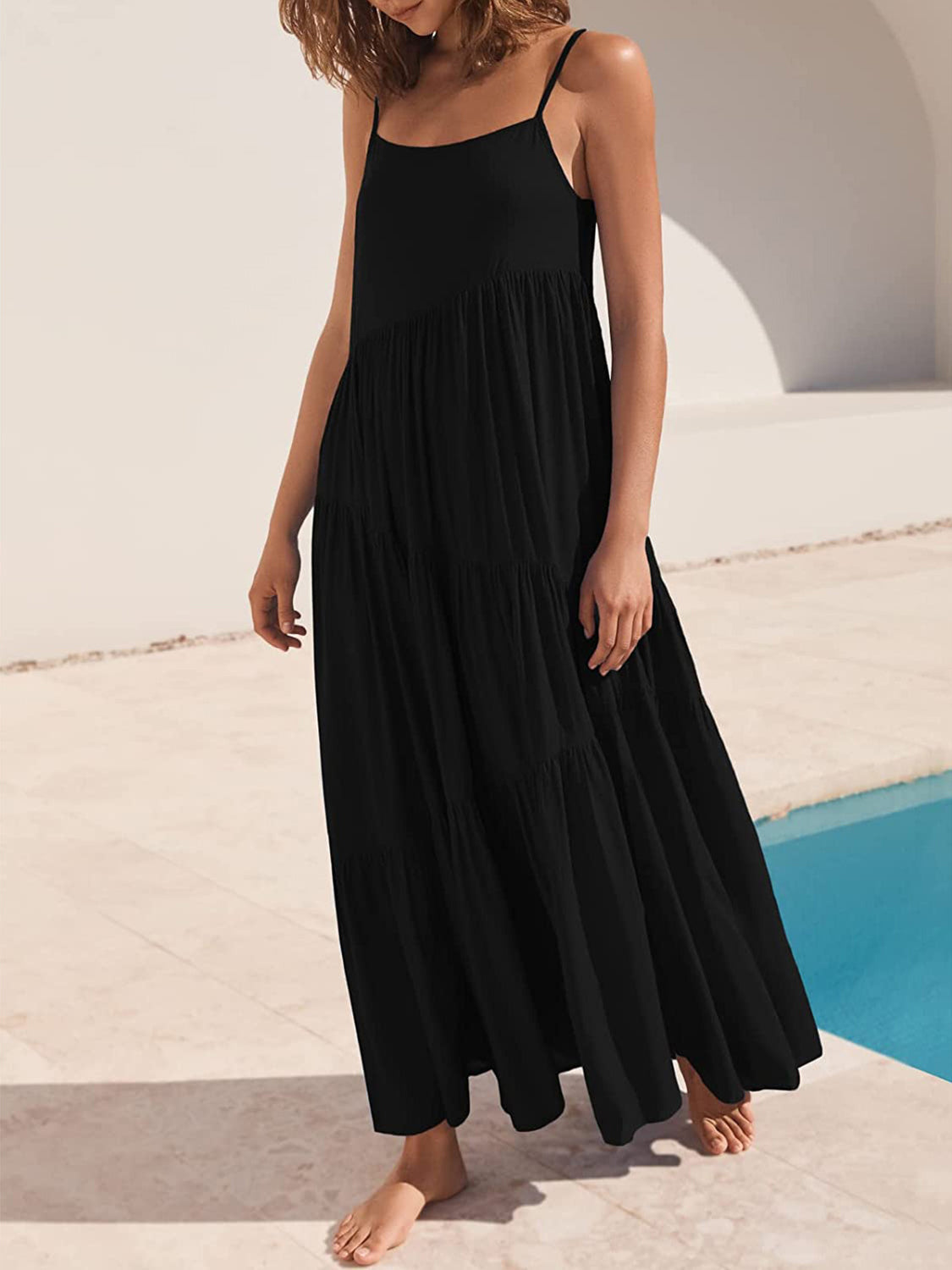 Blue Zone Planet | Full Size Ruched Tiered Spaghetti Strap Dress BLUE ZONE PLANET