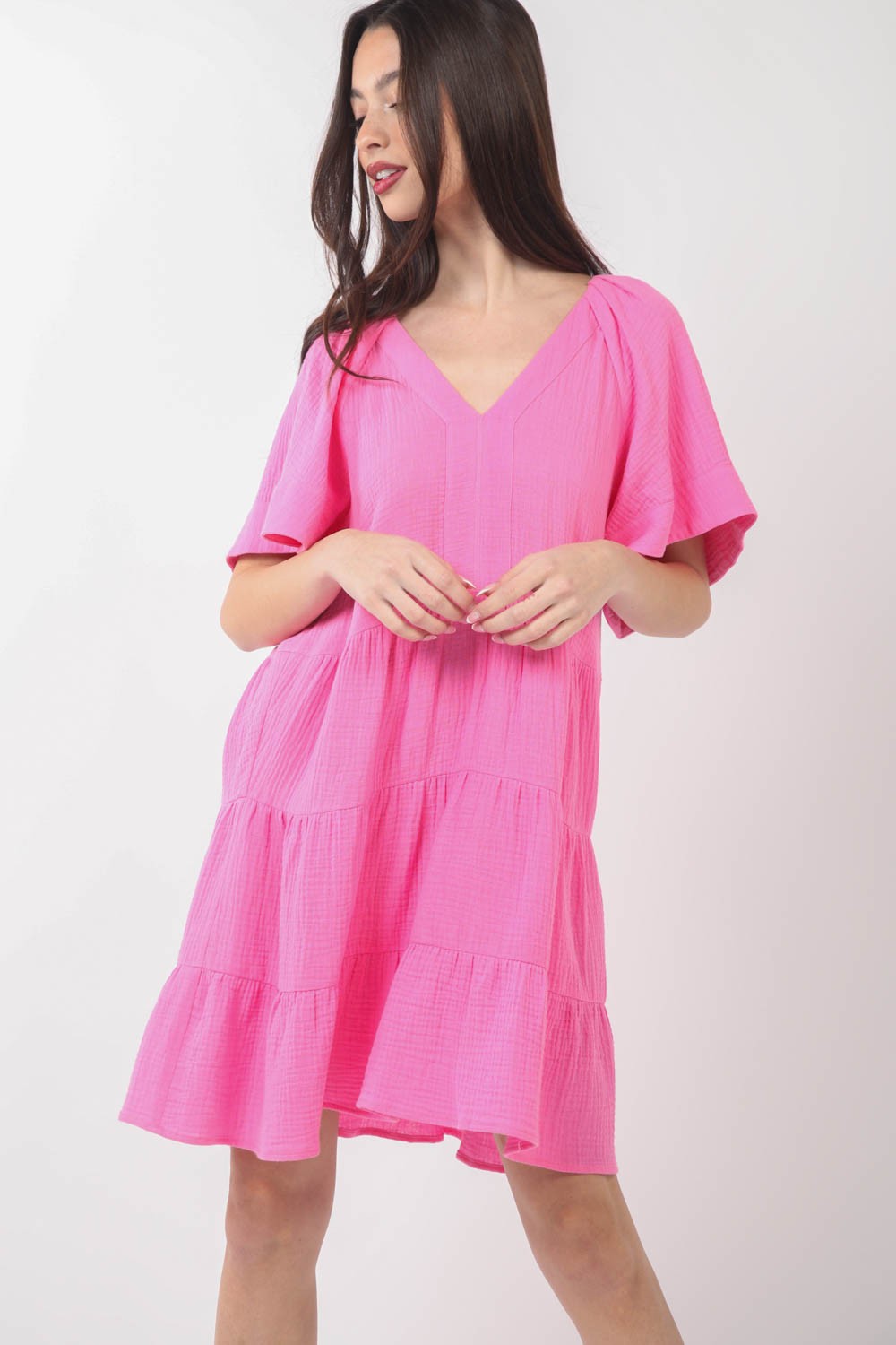 Blue Zone Planet | VERY J Texture V-Neck Ruffled Tiered Dress BLUE ZONE PLANET