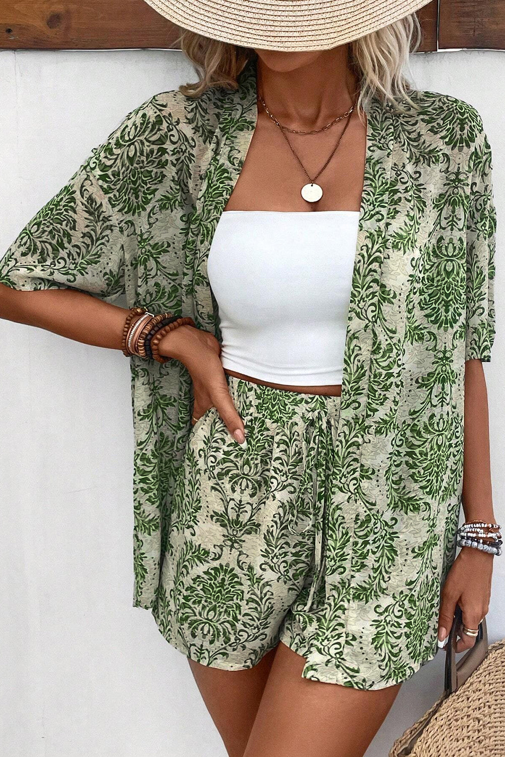 Blue Zone Planet | Green Vintage Floral Print Open Top and Shorts Outfit Blue Zone Planet