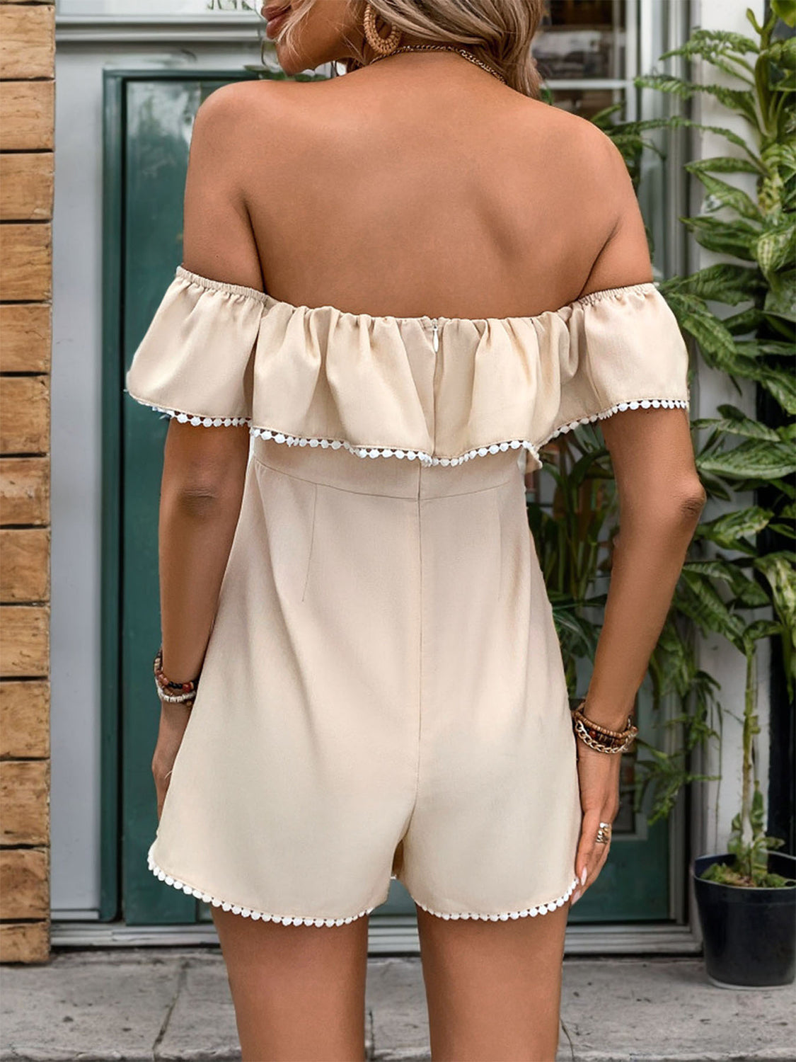 Blue Zone Planet | Tied Ruffled Off-Shoulder Short Sleeve Romper BLUE ZONE PLANET