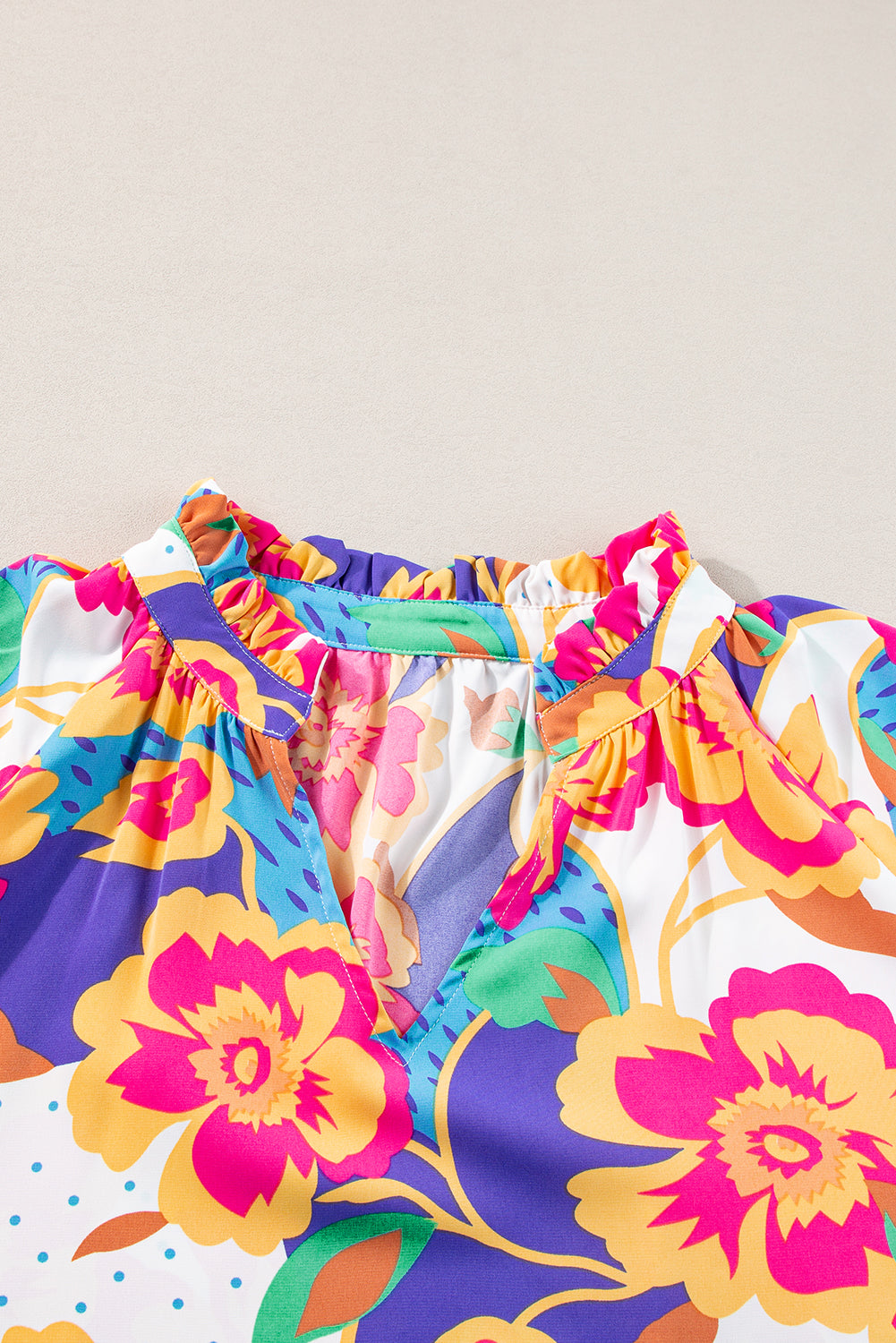 Rose Red Floral Print Split Neck Short Puff Sleeve Plus Blouse Blue Zone Planet