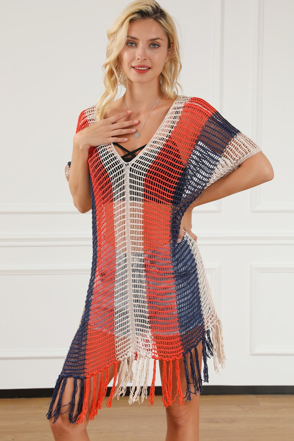 Blue Zone Planet | Tassel Color Block V-Neck Cover Up BLUE ZONE PLANET