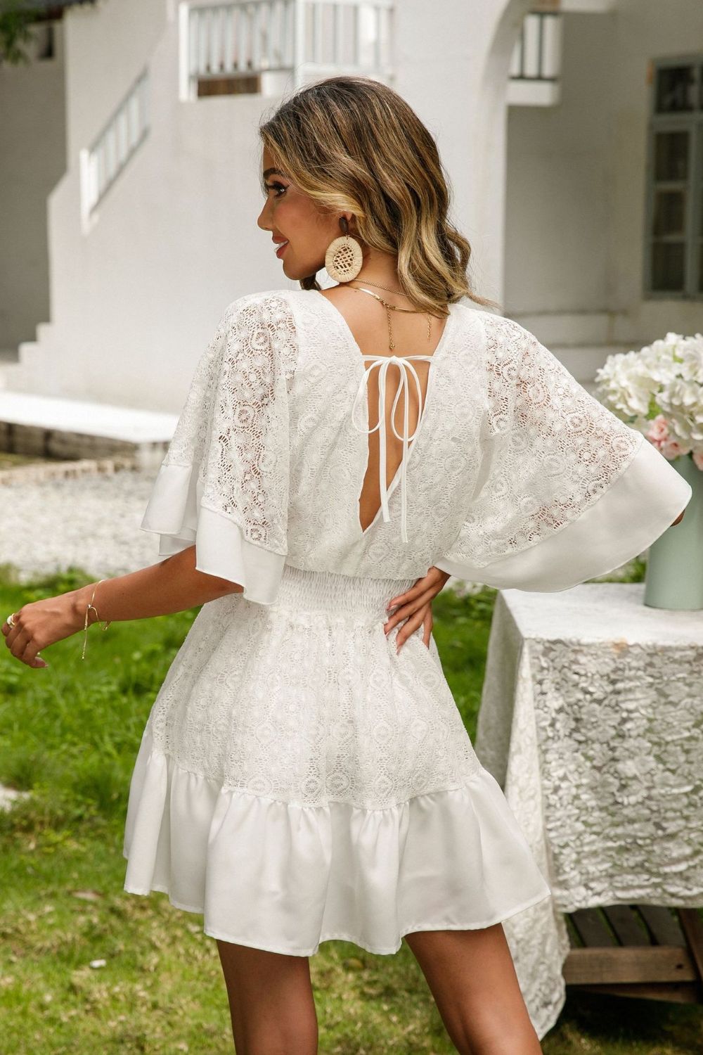 Blue Zone Planet |  Lace Cutout Surplice Half Sleeve Dress BLUE ZONE PLANET
