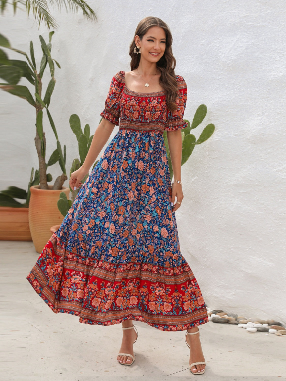 Blue Zone Planet | Floral Flounce Sleeve Midi Dress BLUE ZONE PLANET