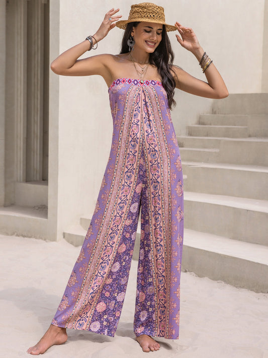 Blue Zone Planet |  Tied Printed Tube Wide Leg Jumpsuit BLUE ZONE PLANET