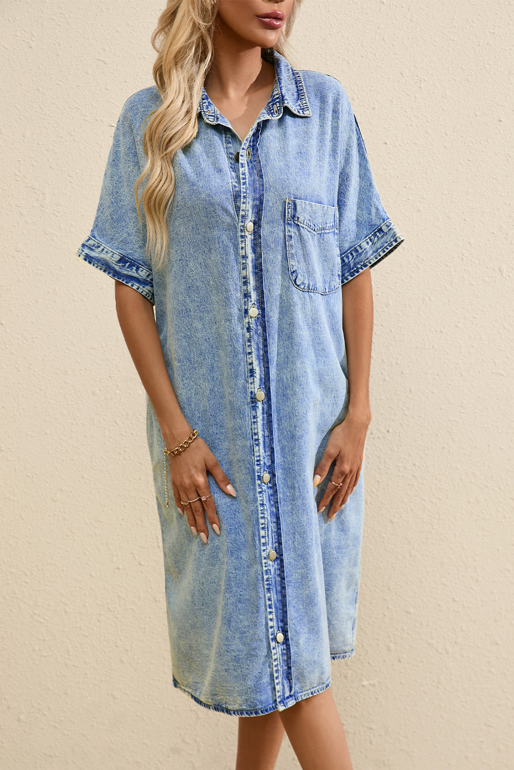 Light Blue Loose Medium Wash Short Sleeve Shirt Chambray Dress Blue Zone Planet