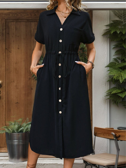 Blue Zone Planet |  Slit Drawstring Button Up Short Sleeve Midi Dress BLUE ZONE PLANET