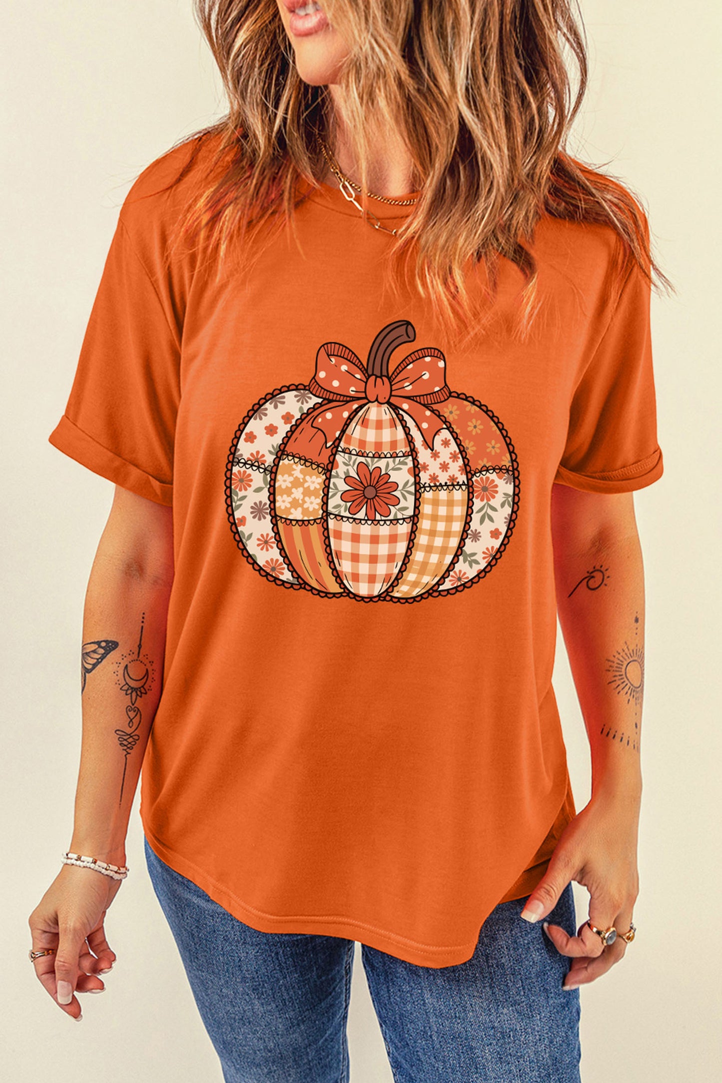 Orange Patchwork Pumpkin Graphic Print Crewneck T-Shirt