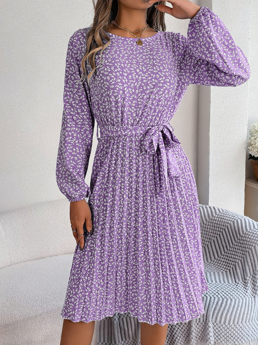 Ditsy Floral Tie Waist Pleated Dress BLUE ZONE PLANET