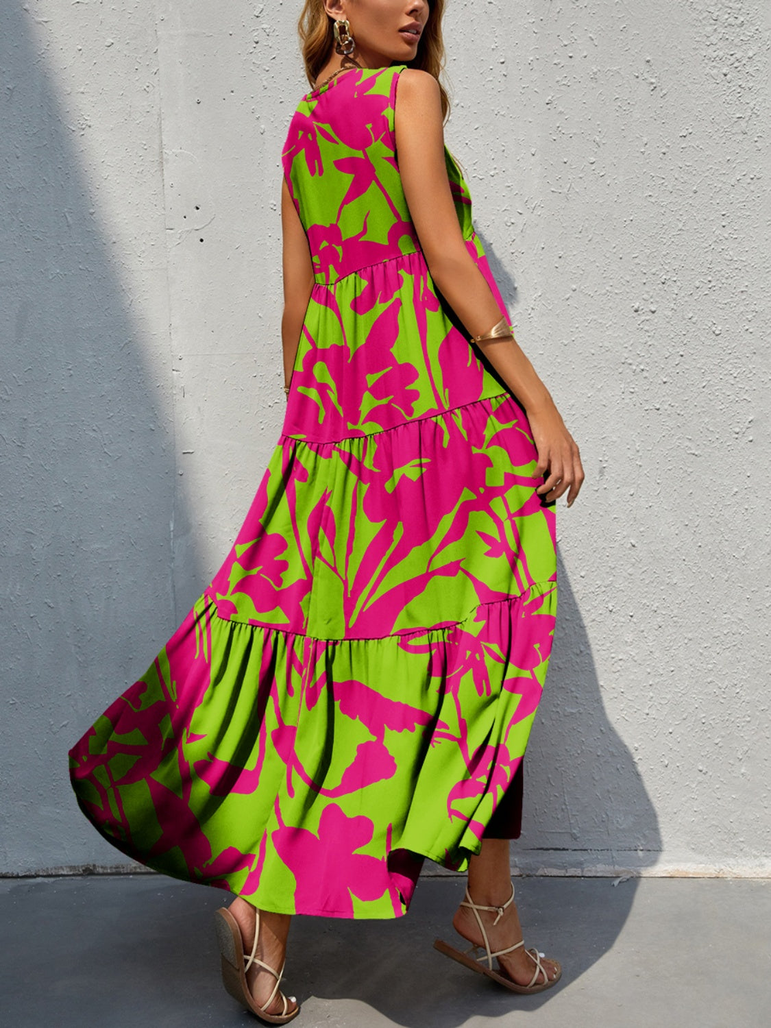 Tiered Printed V-Neck Sleeveless Dress BLUE ZONE PLANET