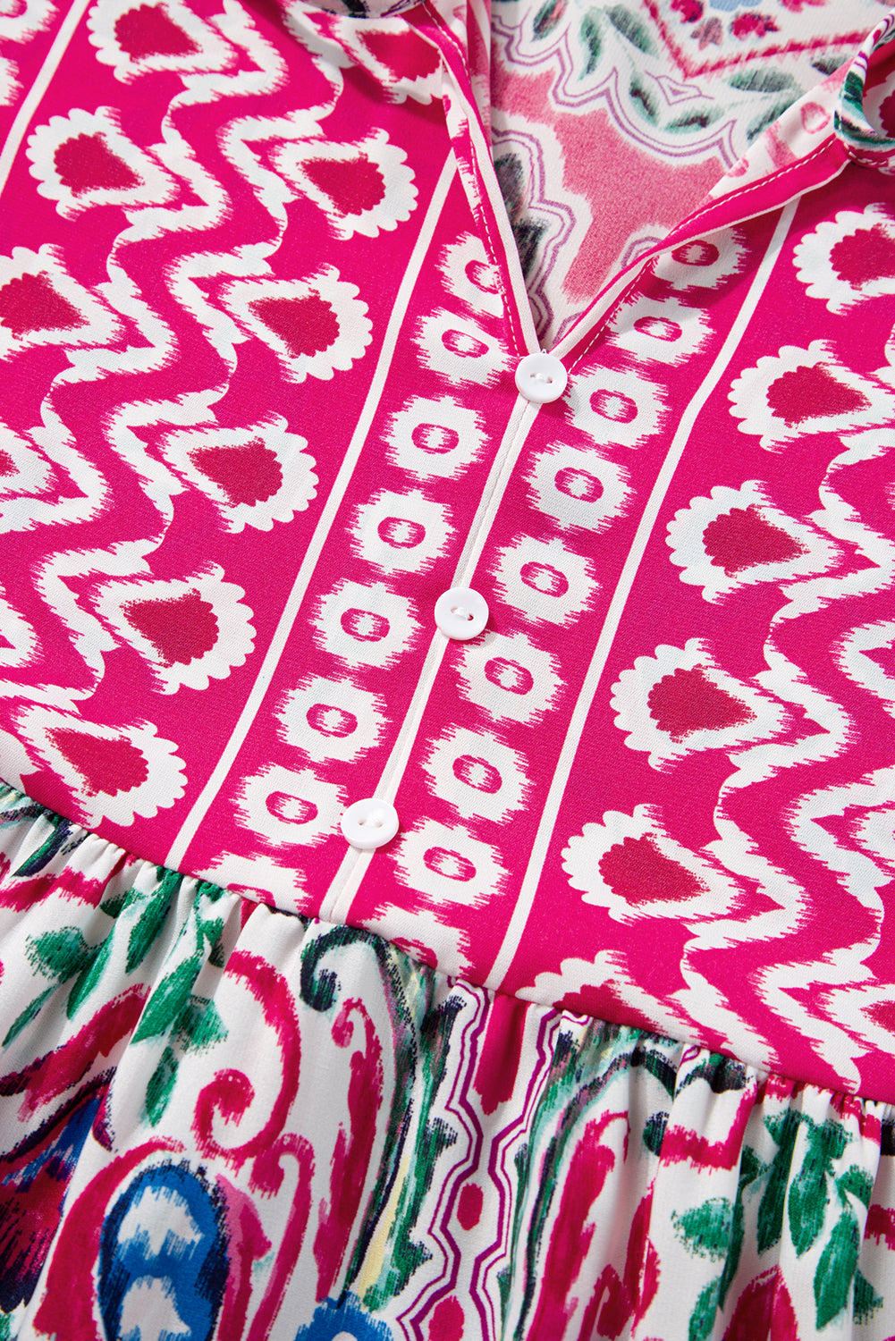 Blue Zone Planet | Pink Bohemian Print Tie Neck Ruffle Hem Short Dress Blue Zone Planet