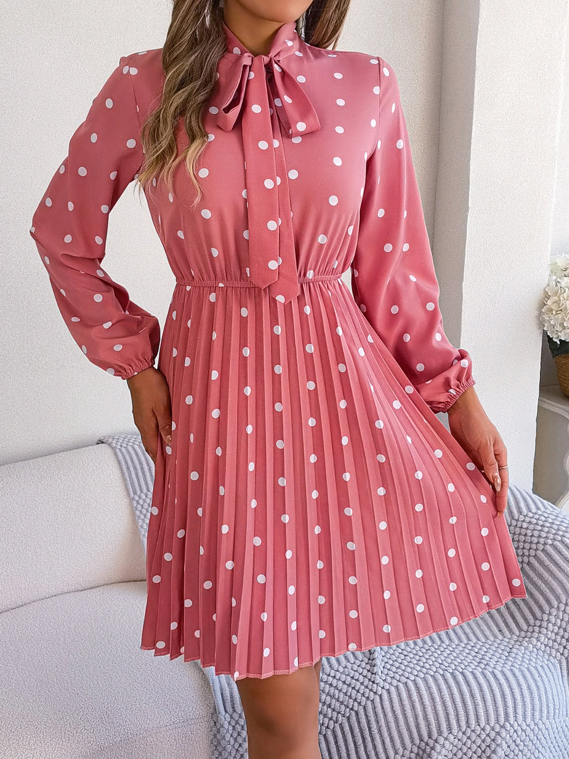 Polka Dot Tie Neck Pleated Dress BLUE ZONE PLANET