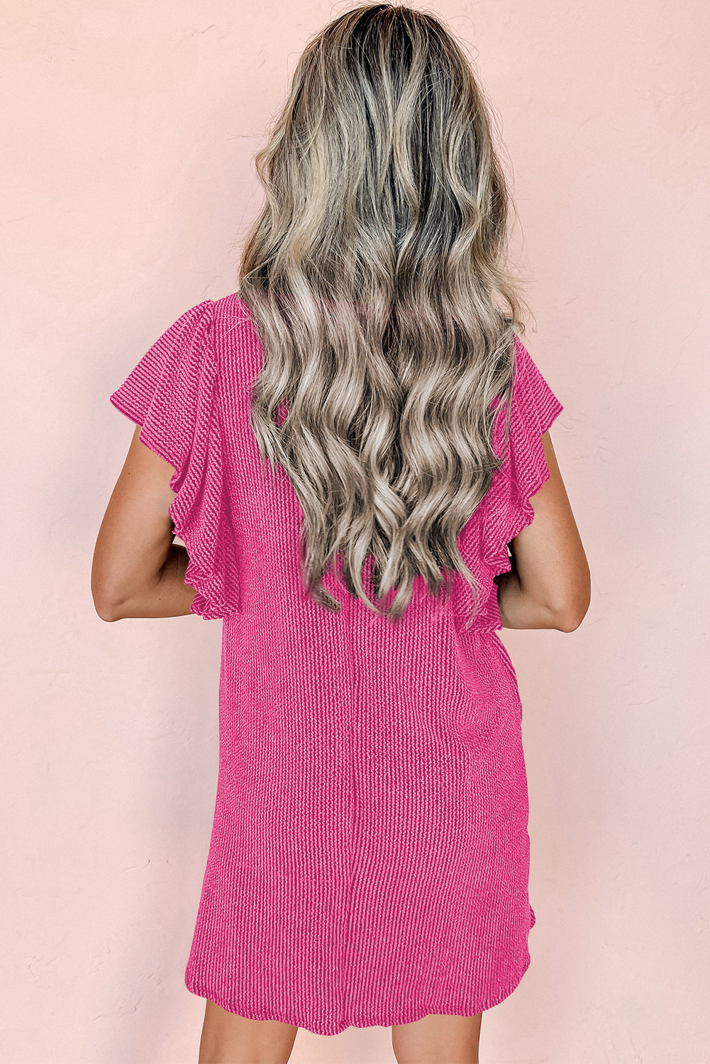 Blue Zone Planet | Rose Red Textured Ruffled Flutter Sleeve Mini Dress Blue Zone Planet