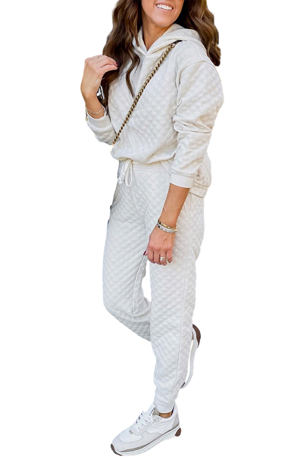 Blue Zone Planet | White Quilted Hoodie and Sweatpants Two Piece Set Blue Zone Planet