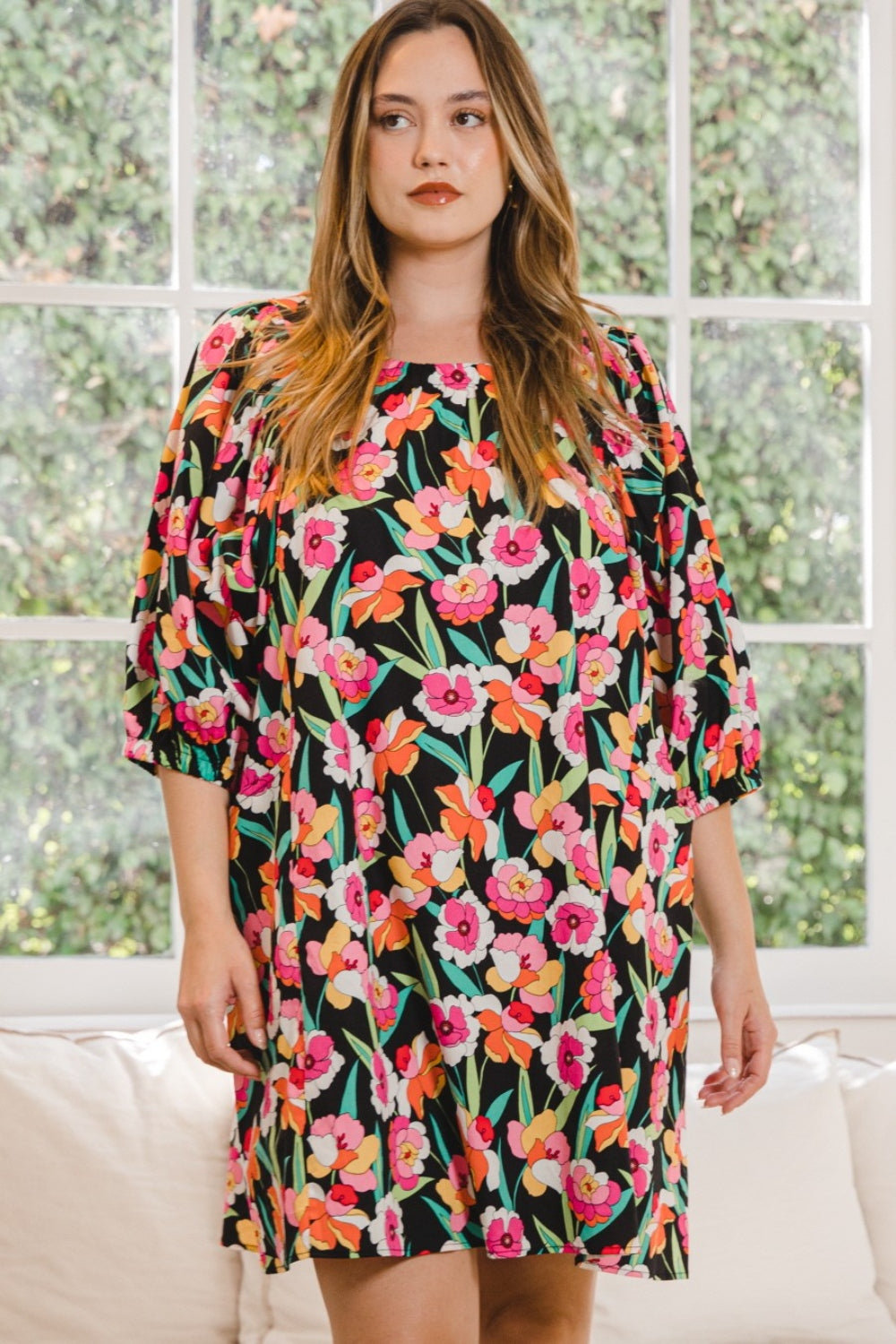 Blue Zone Planet | ODDI Full Size Floral Puff Sleeve Mini Dress BLUE ZONE PLANET