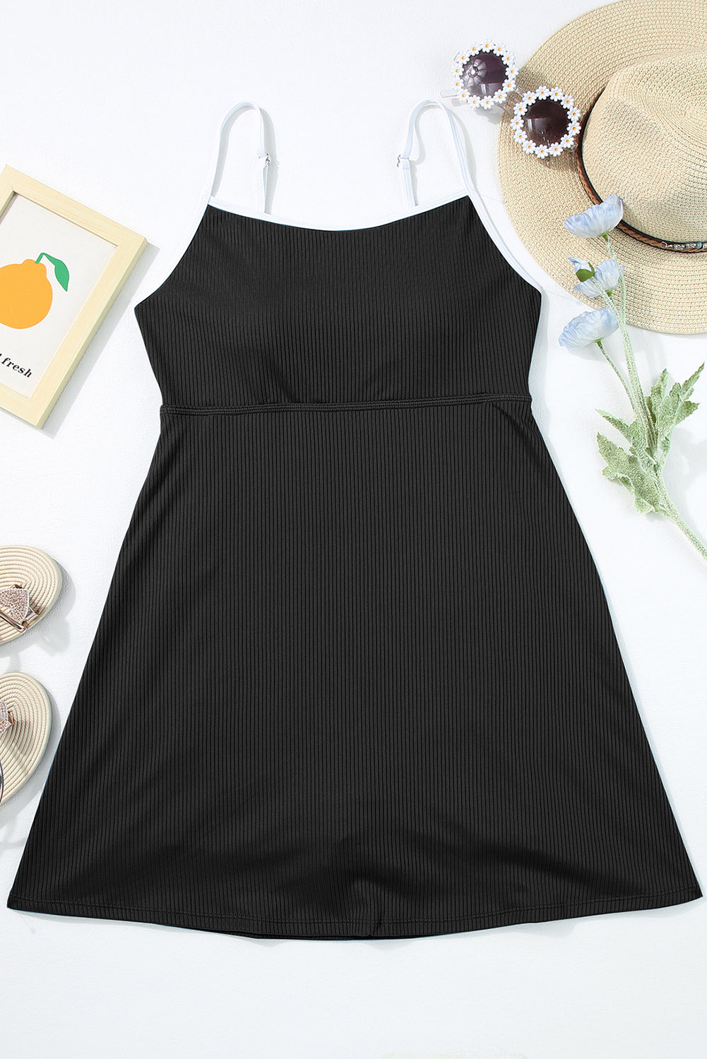 Blue Zone Planet | Black Sporty Ribbed Spaghetti Straps One Piece Swimdress Blue Zone Planet