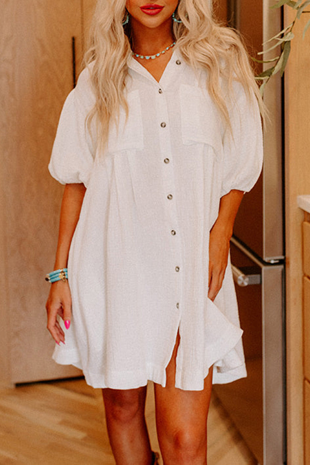 White Half Puff Sleeve Buttoned Shirt Mini Dress Blue Zone Planet
