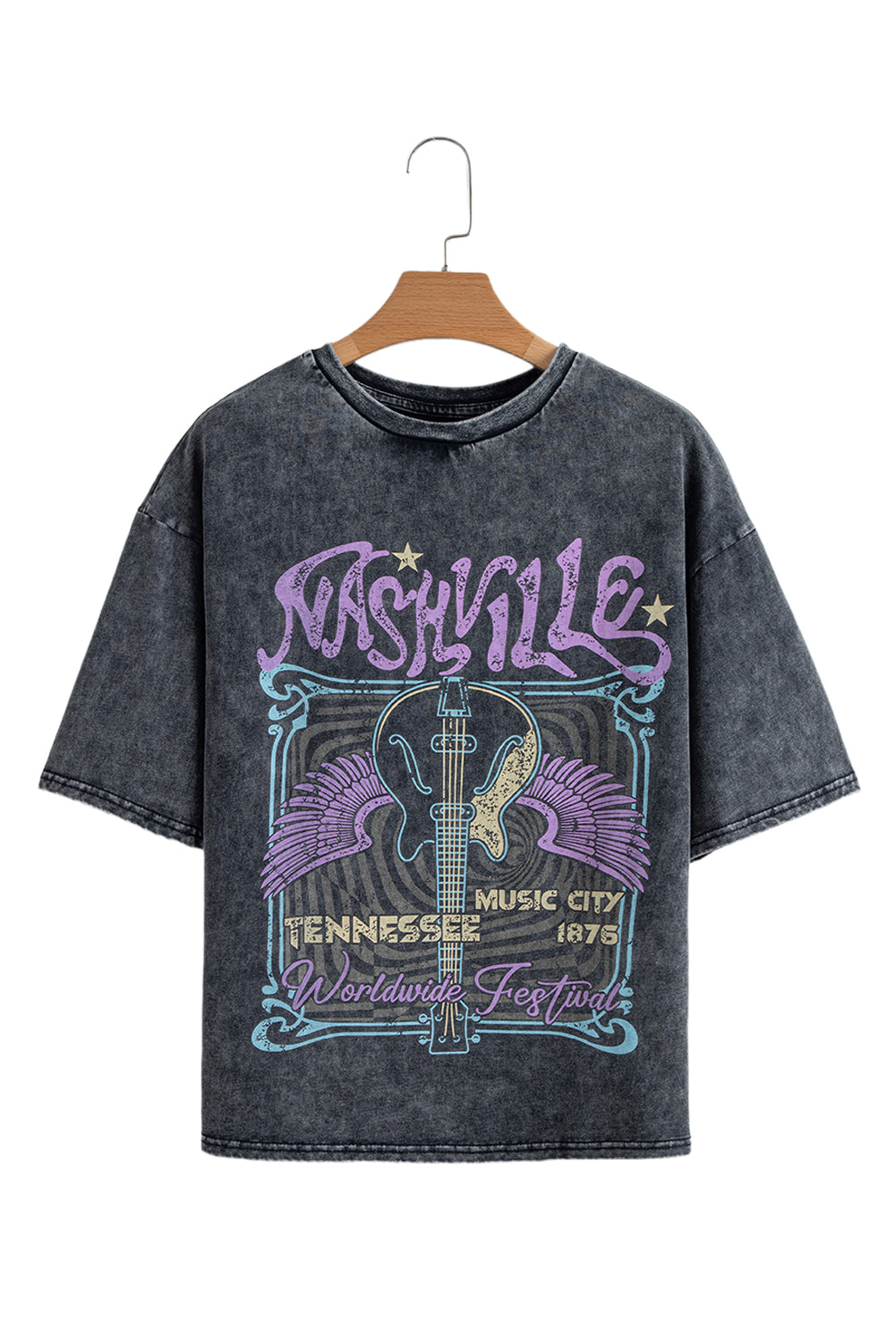 Black Vintage Nashville Tennessee Graphic Mineral Washed Plus Size Tee