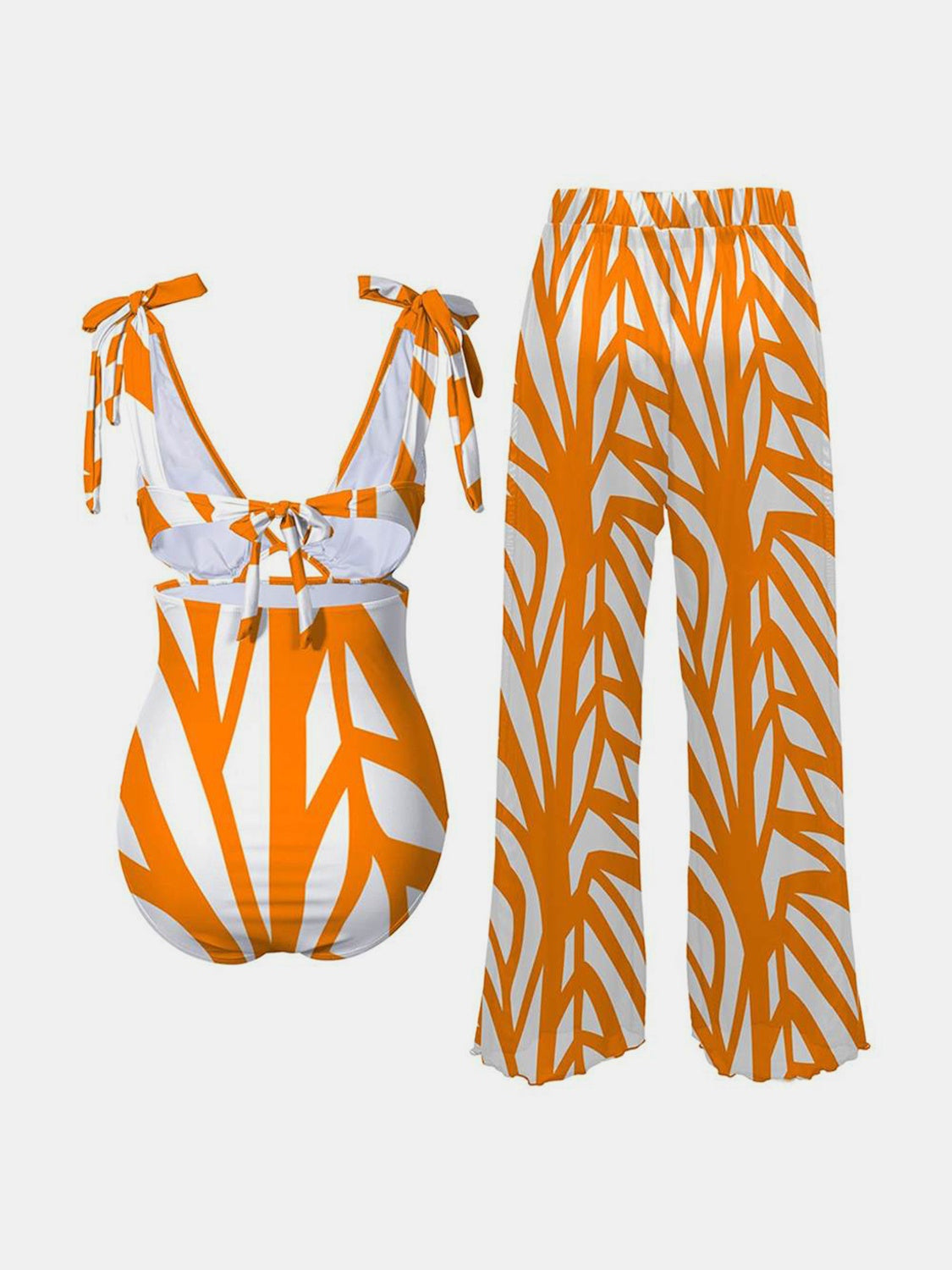 Blue Zone Planet | Printed Tie Shoulder Swimwear and Pants Swim Set BLUE ZONE PLANET