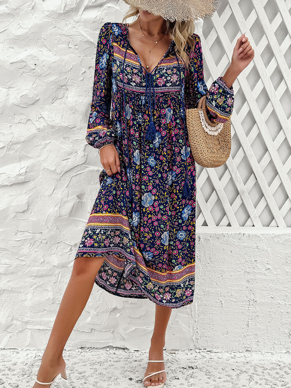 Raven's Tassel Tied Boho Printed Long Sleeve Midi Dress BLUE ZONE PLANET