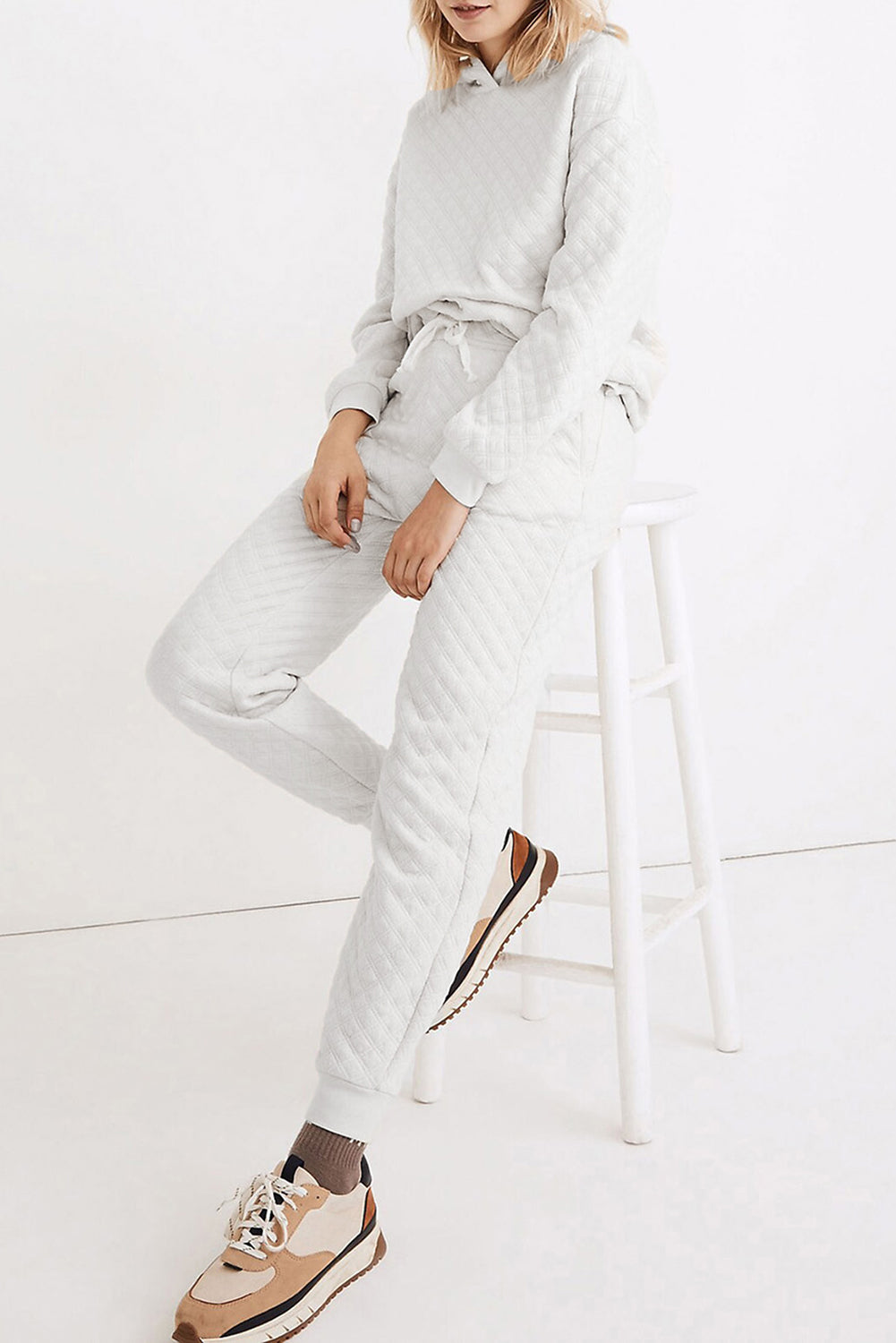 Blue Zone Planet | White Quilted Hoodie and Sweatpants Two Piece Set Blue Zone Planet